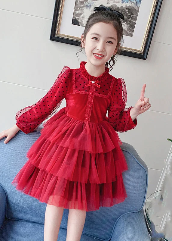 Elegant Red Dot Print Tulle Kids Long Princess Dress Long Sleeve Tulle Evening Gown