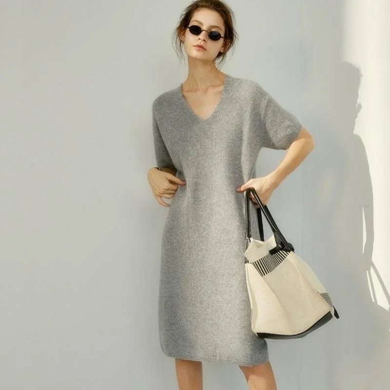 European and American trend V-neck high-grade cashmere sweater dress Casual Winter Sweater