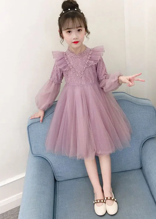 Chic Purple Ruffled Nail Bead Patchwork Tulle Kids Girls Dresses Fall Tulle Dress Modern