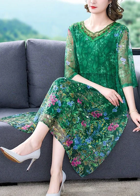 Beautiful Green Ruffled Print Tulle Dress Half Sleeve Tulle Dress Glow