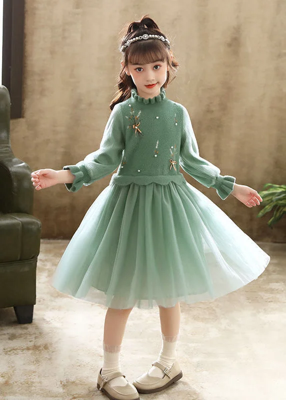 Boutique Green Embroideried Patchwork Tulle Baby Girls Dress Fall Tulle Cocktail Dress