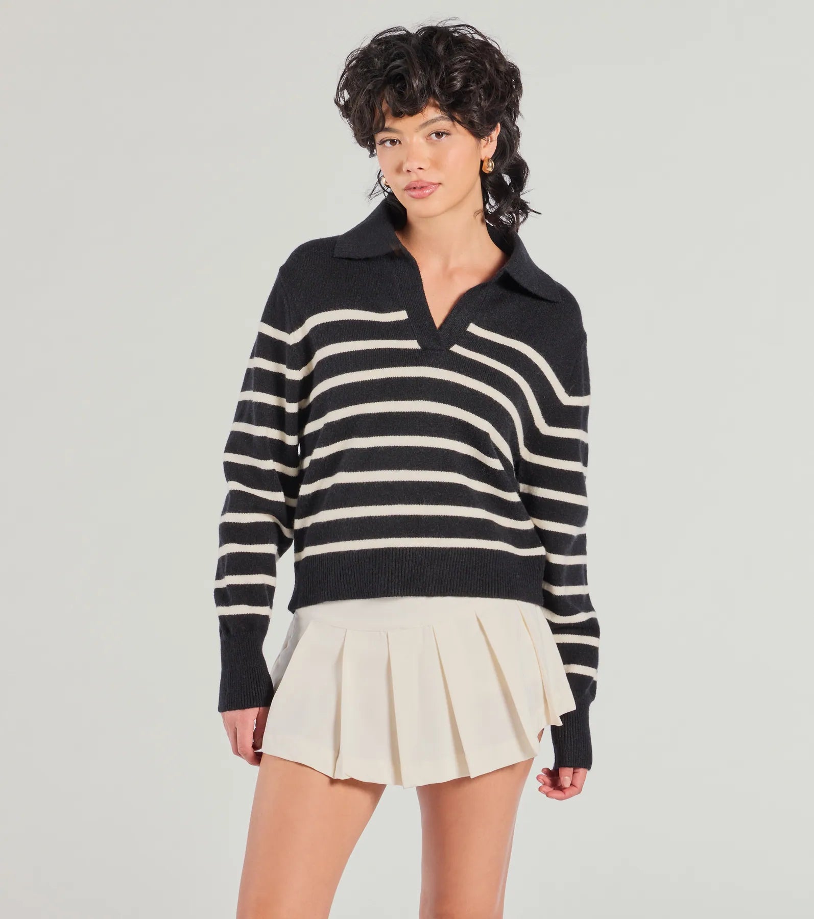 Stylish Stripes Collared Knit Sweater Simple Sweater Dress