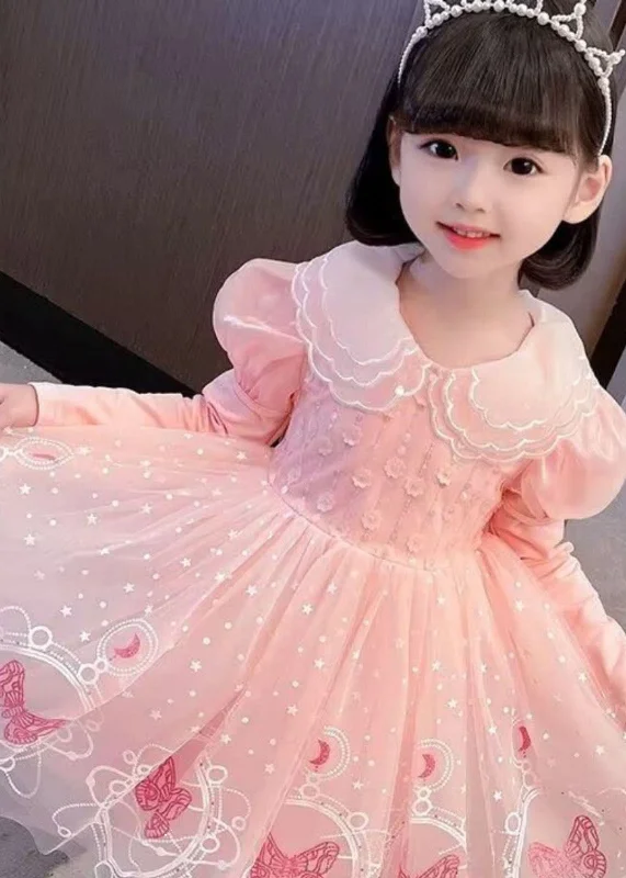 Style Pink Embroideried Patchwork Tulle Kids Long Dresses Long Sleeve Fluffy Tulle Dress