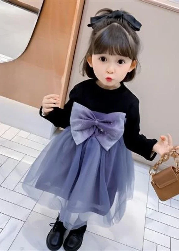 Lovely Black O Neck Tulle Bow Patchwork Warm Fleece Kids Girls Dresses Fall Pink Tulle Gown