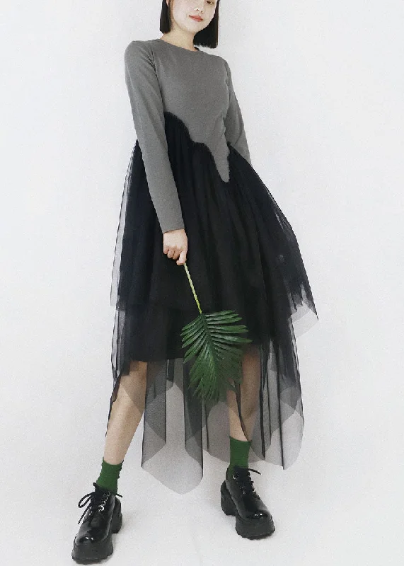 Diy Grey O-Neck Tulle Patchwork Asymmetrical Design Cotton Vacation Dresses Long Sleeve Sparkling Tulle Dress