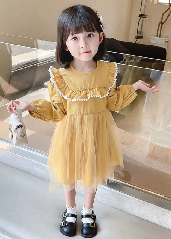 Yellow Button Tulle Patchwork Cotton Kids Girls Dress Long Sleeve Tulle Dress Glam