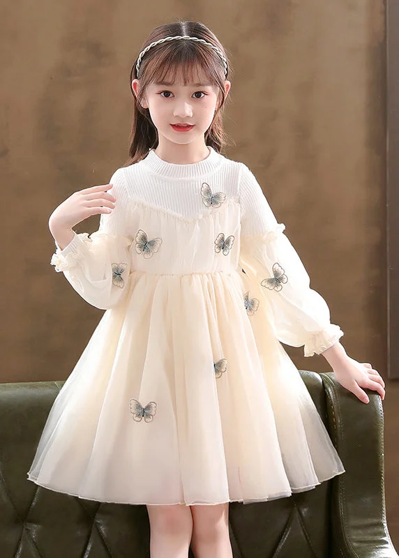 Apricot Patchwork Tulle Kids Girls Dresses Wrinkled Butterfly Fall Bohemian Tulle Dress