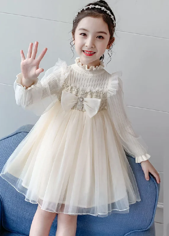 Apricot Nail bead Knit Patchwork Tulle Girls Long Dress Long Sleeve Tulle Bridesmaid Dress