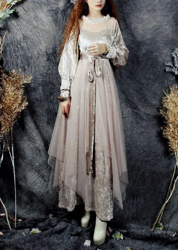 Beautiful Beige Hollow Out Tulle Patchwork Silk Velour Long Dresses Spring Tulle Dress Fit