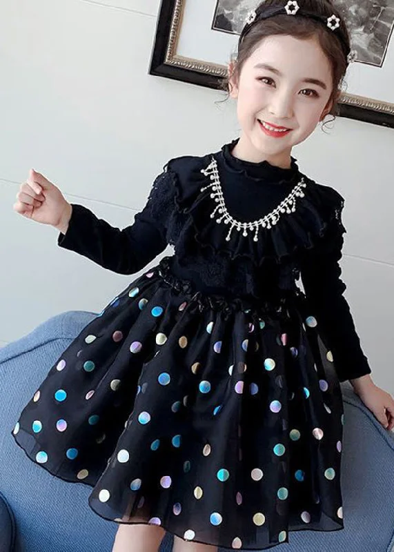 Cute Black Print Ruffled Tulle Patchwork Cotton Baby Girls Dress Fall Tulle Bodycon Dress