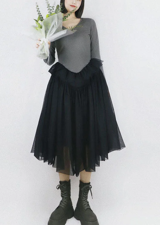 Women Green V Neck Patchwork Tulle Exra Large Hem Cotton Long Dress Long Sleeve Tulle Dress Shine