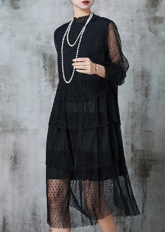 Style Black Dot Hollow Out Tulle Long Dresses Summer Fluffy Tulle Dress