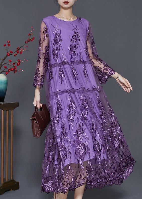 Italian Purple Embroidered Patchwork Tulle Long Dresses Summer Tulle Dress Formal