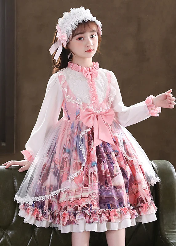 Lovely Pink Ruffled Print Bow Patchwork Tulle Kids Girls Dress Fall Soft Tulle Dress