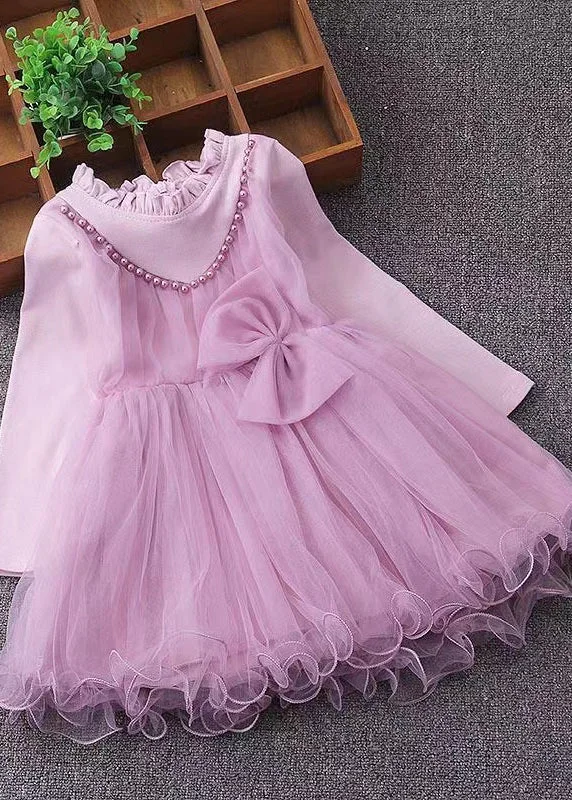 Cute Pink Ruffled Nail Bead Patchwork Tulle Baby Girls Dresses Fall Tulle Dress Shine