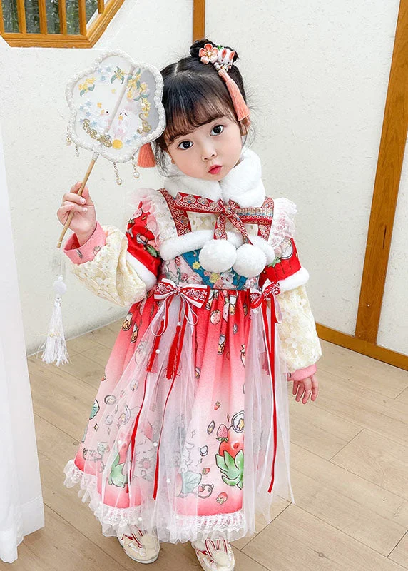 Lovely Steawberry Rabbit Print Patchwork Warm Fleece Kids Tulle Long Dress Long Sleeve Tulle Midi Dress