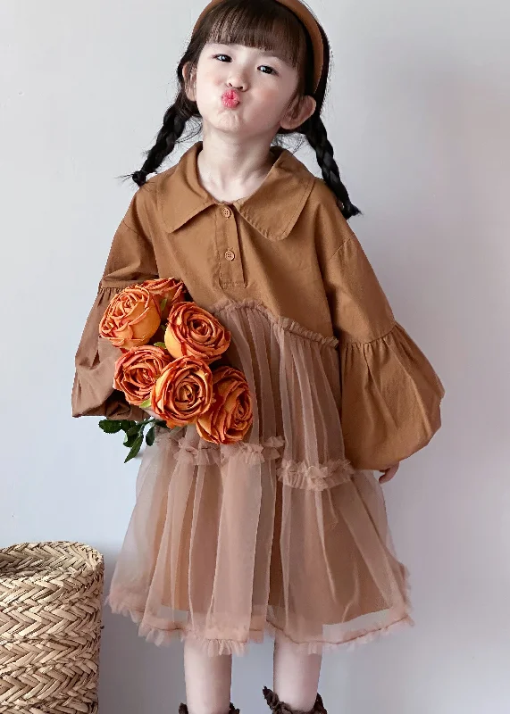 Boutique Caramel Peter Pan Collar Tulle Patchwork Cotton Baby Girls Dress Fall Tulle Dress Trendy