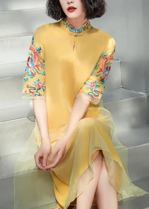 DIY Yellow Stand Collar Embroideried Button Tulle Silk Dress Long Sleeve Tulle Dress Glamour