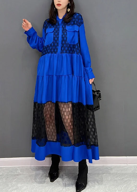 Vogue Blue O-Neck Dot Patchwork Wrinkled Tulle Maxi Dresses Fall Black Tulle Dress