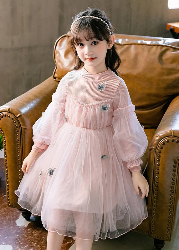 Cute Pink Ruffled Butterfly Patchwork Tulle Kids Girls Dresses Fall Elegant Tulle Gown