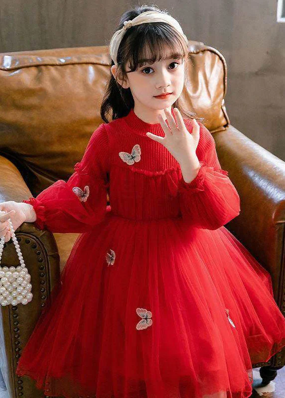 Style Red Butterfly Embroideried Knit Patchwork Tulle Kids Long Dresses Long Sleeve Tulle Dress Look