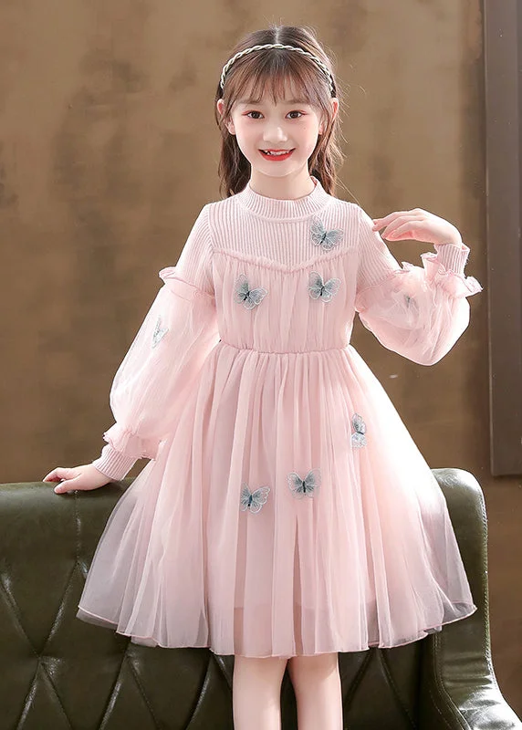 Stylish Pink Butterfly Patchwork Tulle Baby Girls Dress Fall Ruffled Tulle Gown