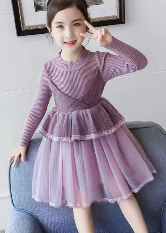 Boutique Purple O Neck Tulle Patchwork Knit Baby Girls Dress Fall Tulle Dress Silhouette