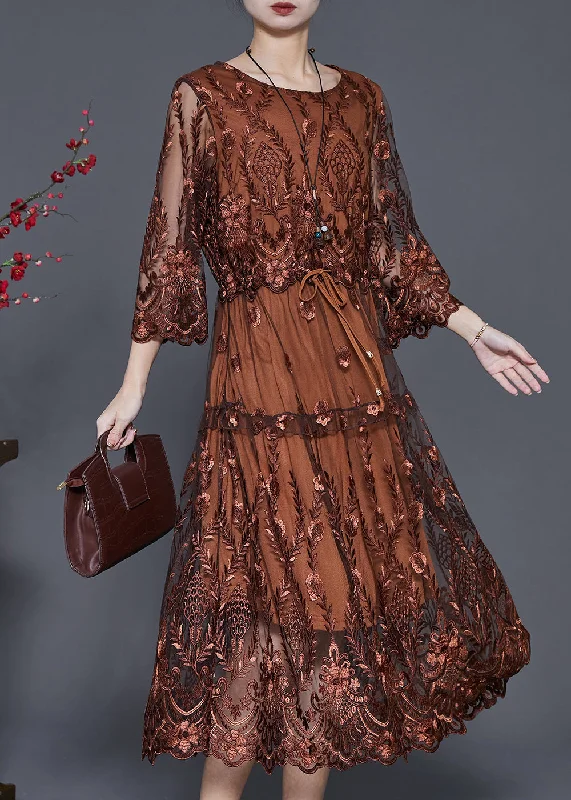 Brown Tulle Maxi Dresses Cinched Embroidered Summer Tulle Dress Dream