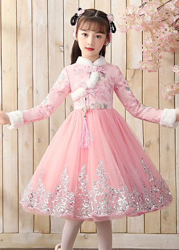 Boutique Pink Fur Collar Tulle Patchwork Warm Fleece Girls Maxi Dresses Winter Tulle Dress Design