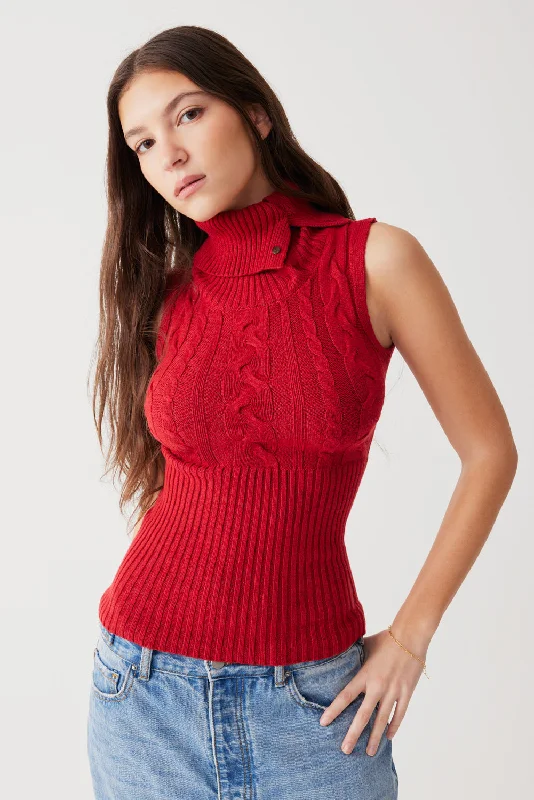 Axel Cable Cloud Knit Sleeveless Sweater | Red Velvet Sweater Dress with Belt