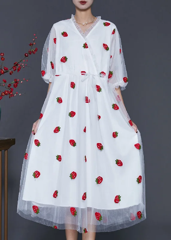 French White Strawberry Print Tulle Vacation Dresses Summer Tulle Dress Dream