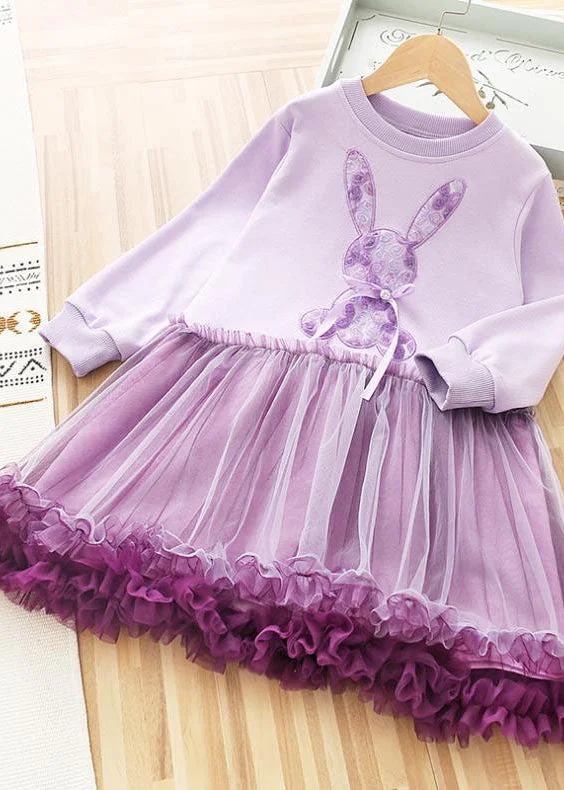 Art Purple O-Neck Rabbit Print Patchwork Tulle Kids Long Dress Fall White Tulle Dress