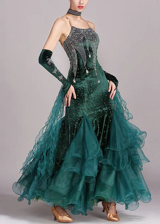 Chic Blackish Green Zircon Tulle Patchwork Spaghetti Strap Dress Sleeveless Tulle Dress Party