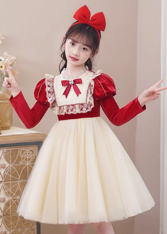 Stylish Red Ruffled Tulle Patchwork Warm Fleece Kids Girls Dress Winter Tulle Dress Blush