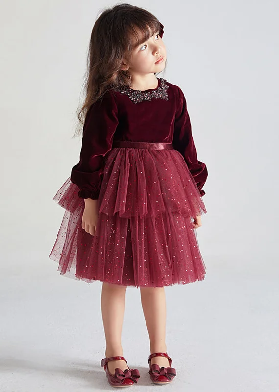 Cute Wine Red Ruffled Tulle Patchwork Warm Fleece Kids Girls Dress Fall Fluffy Tulle Dress