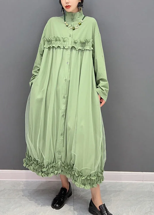 Elegant Green Stand Collar Ruffled Tulle Patchwork Button Maxi Dress Winter Long Sleeve Tulle