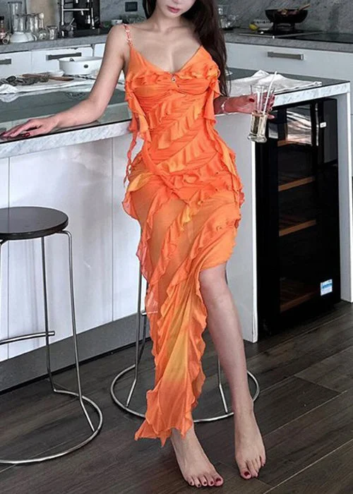 Sexy Orange Asymmetrical Ruffled Tulle Spaghetti Strap Dress Sleeveless Tulle Dress Trend