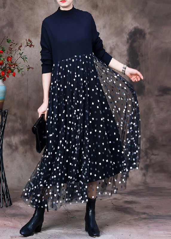 DIY Black O-Neck Knit Patchwork Tulle Maxi Dress Long Sleeve White Lace Tulle