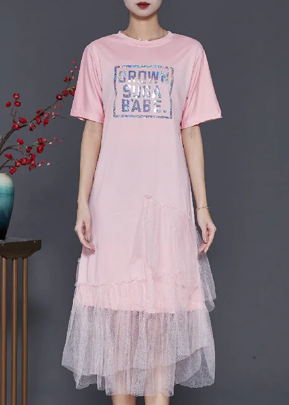 Pink Patchwork Tulle Cotton Holiday Dress Letter Print Summer Romantic Tulle Gown