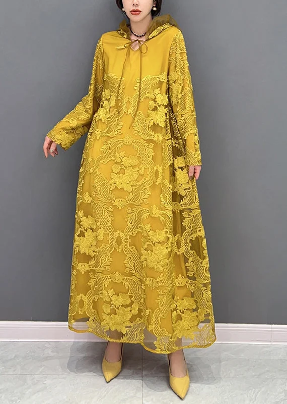 Chic Yellow Embroideried Neck Tie Tulle Maxi Dresses Long Sleeve Vintage Tulle Dress