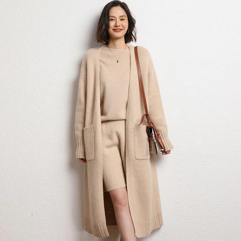 Autumn/Winter Women's 100% Cashmere Thickened V-Neck Cardigan Sweater – Loose, Long, and Stylish Solid Coat Casual Knit Sweater