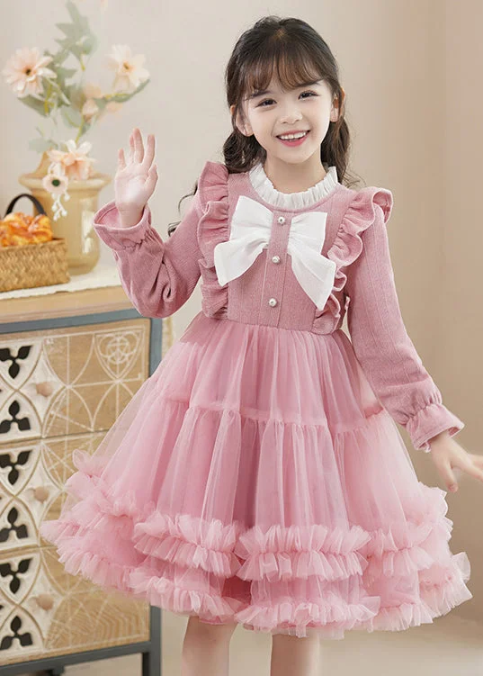 Pink Bow Patchwork Tulle Baby Girls Princess Dress Ruffled Fall Tulle Bodycon Dress