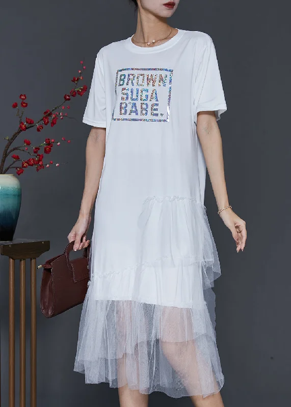 Natural White Tulle Patchwork Cotton Holiday Dress Summer Tulle Dress Flare