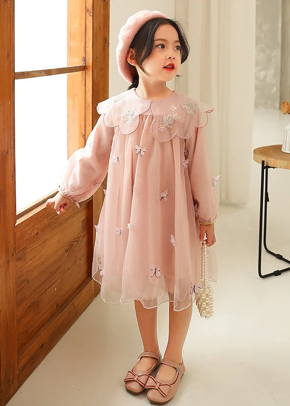 Style Pink Peter Pan Collar Butterfly Patchwork Tulle Baby Girls Dress Fall Party Tulle Dress