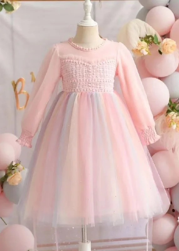 Cute Pink Ruffled Patchwork Tulle Baby Girls Dresses Fall Tulle Dress Occasion