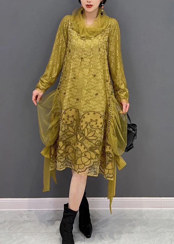 Chic Yellow Turtleneck Embroideried Tulle Holiday Dress Long Sleeve Tulle Dress Design