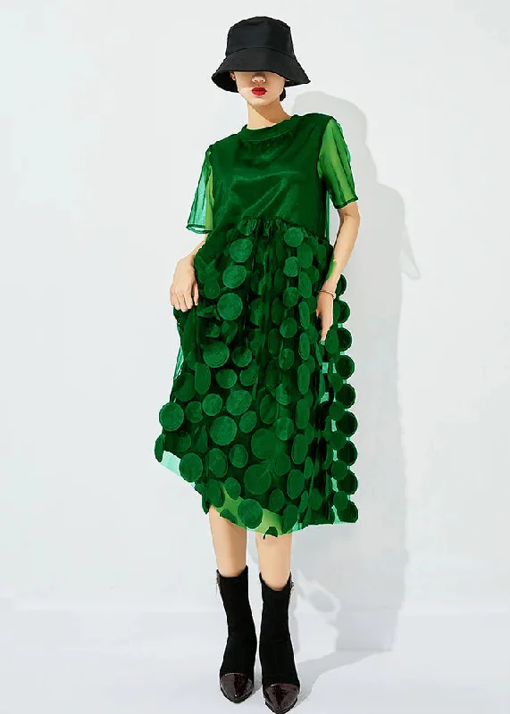 Women Tea Green O-Neck Patchwork Dot Tulle Holiday Dress Summer White Lace Tulle