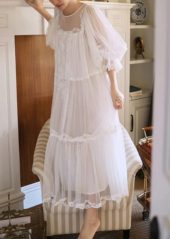 New White Lace Patchwork Tulle Pajamas Dress Lantern Sleeve Tulle Wedding Gown