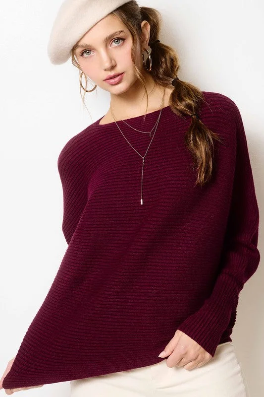 Ribbed Boatneck Bubble Sleeve Sweater (Burgundy) Casual Sweater Gown