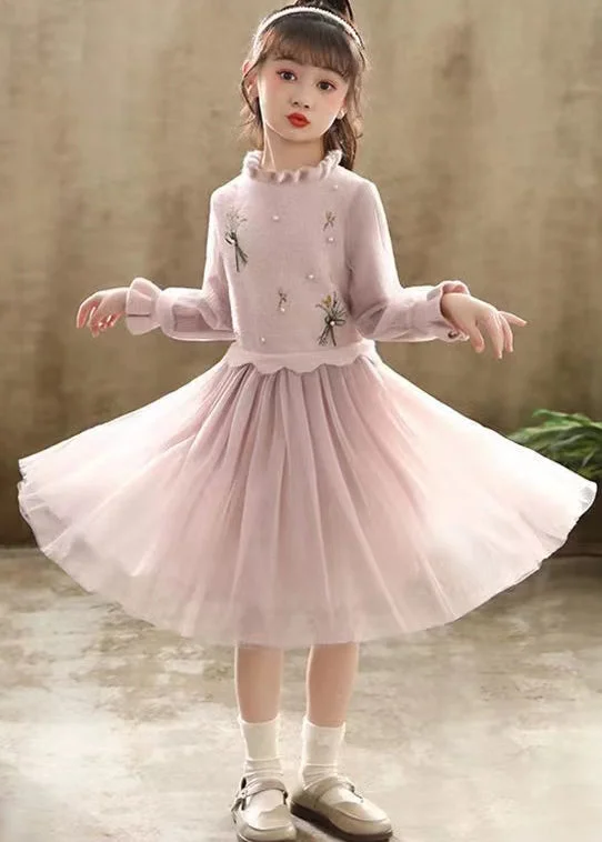 Pink Patchwork Tulle Kids Girls Princess Dress Ruffled Nail Bead Fall Off-shoulder Tulle Dress